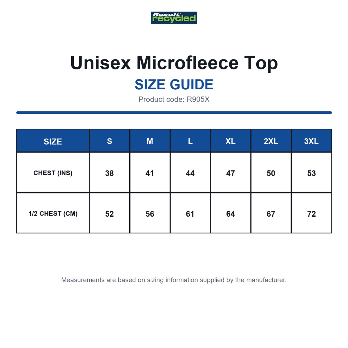 R905X Result Recycled Unisex Microfleece Top size guide (R905X)