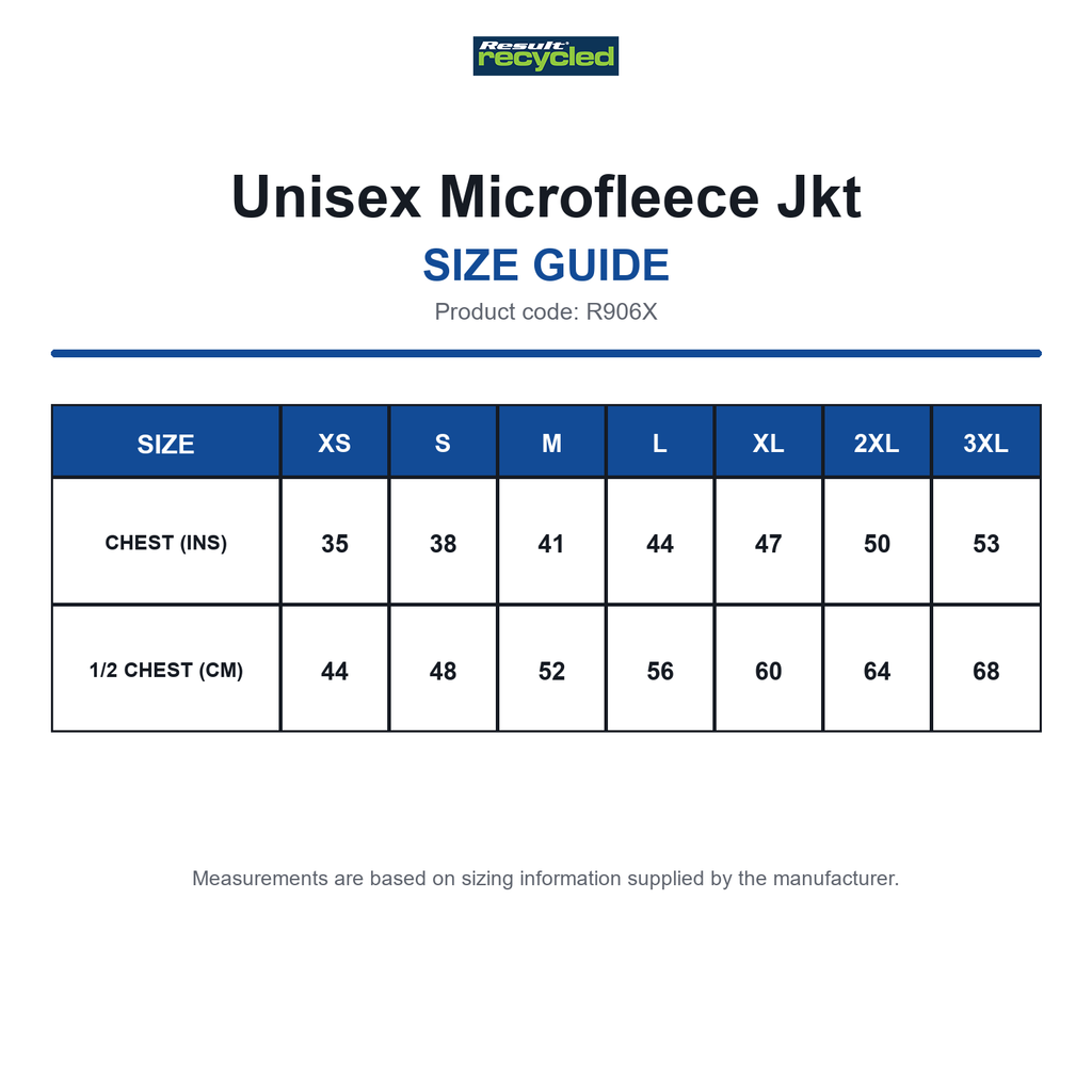 R906X Result Recycled Unisex Microfleece Jkt size guide (R906X)