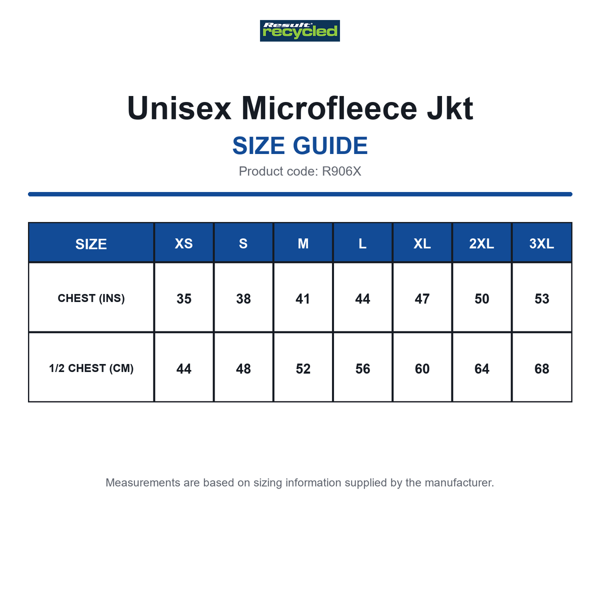 R906X Result Recycled Unisex Microfleece Jkt size guide (R906X)