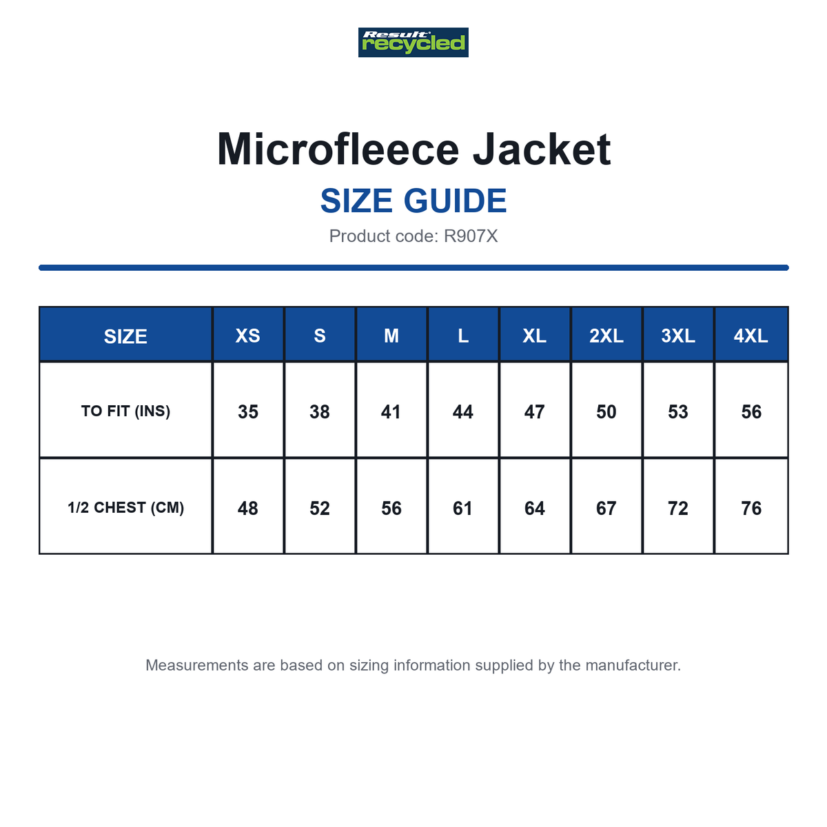 R907X Result Recycled Microfleece Jacket size guide (R907X)
