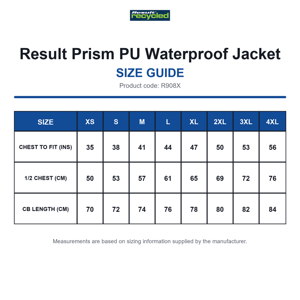 R908X Result Prism PU Waterproof Jacket size guide (R908X)