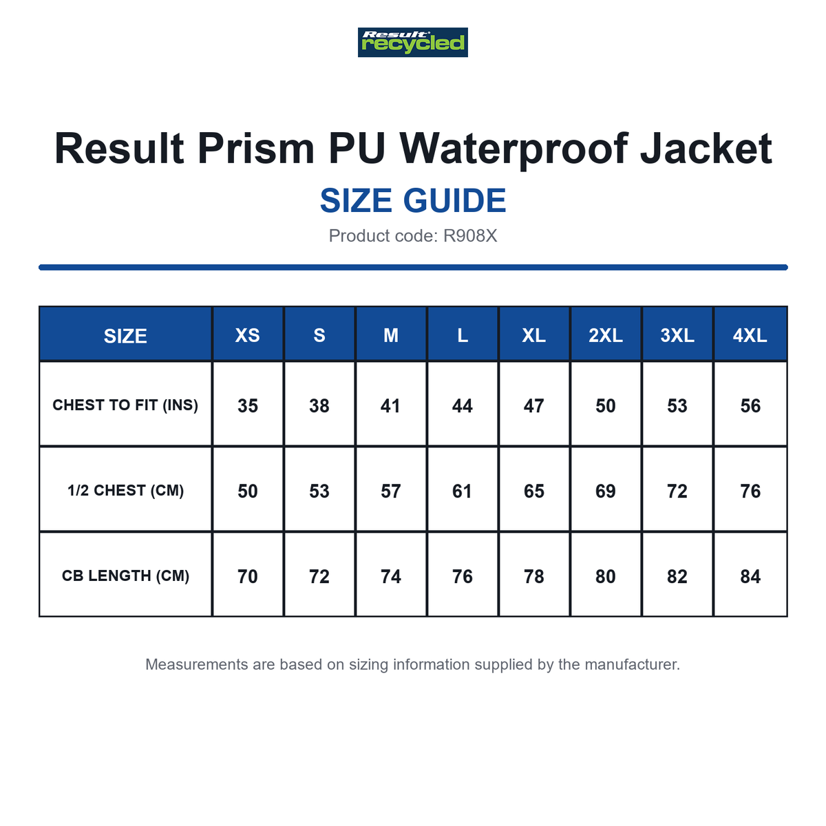 R908X Result Prism PU Waterproof Jacket size guide (R908X)
