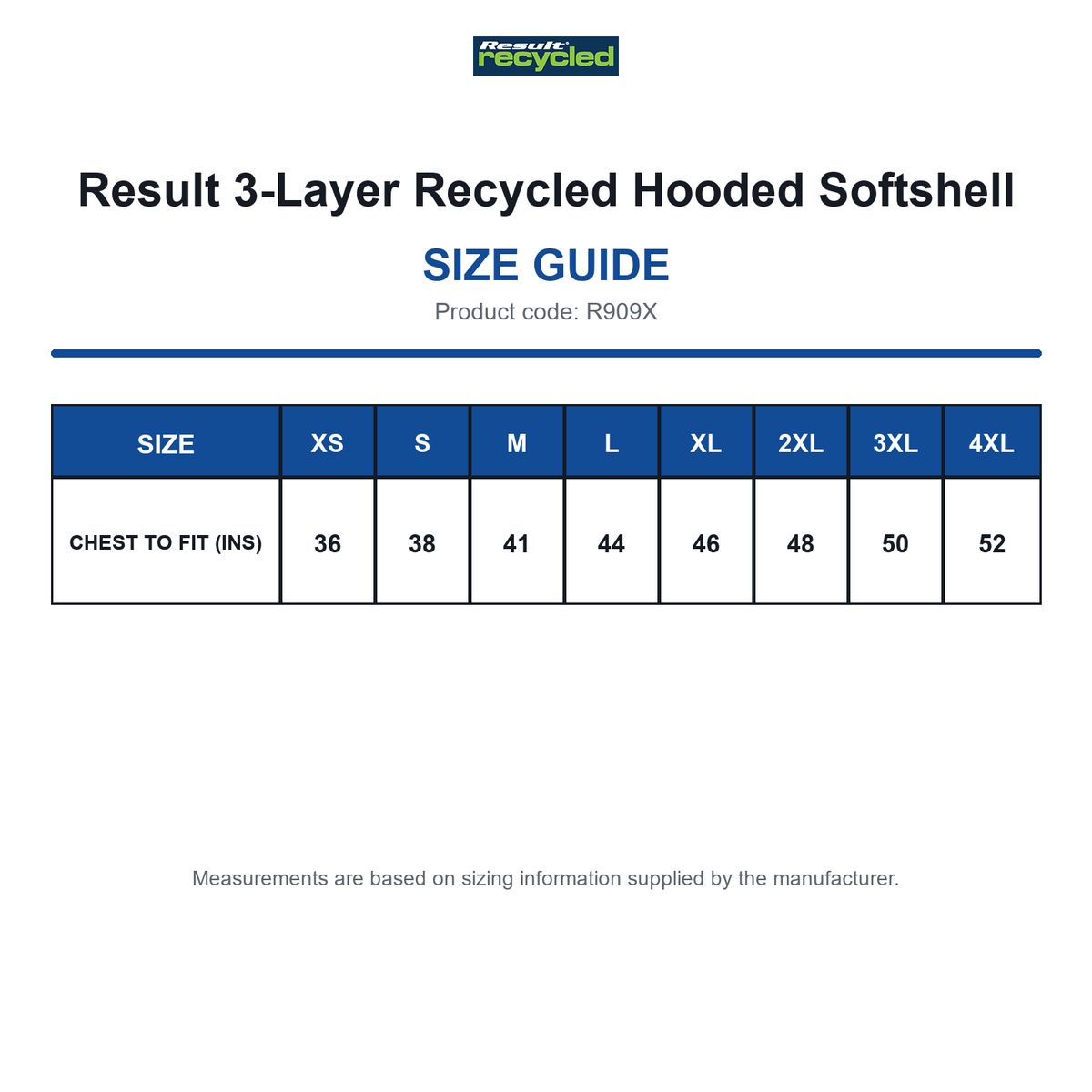 R909X Result 3-Layer Recycled Hooded Softshell size guide (R909X)
