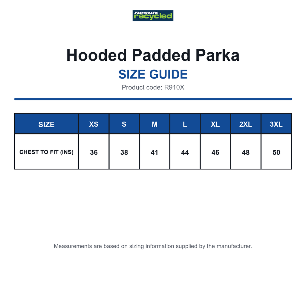 R910X Result Recycled Hooded Padded Parka size guide (R910X)