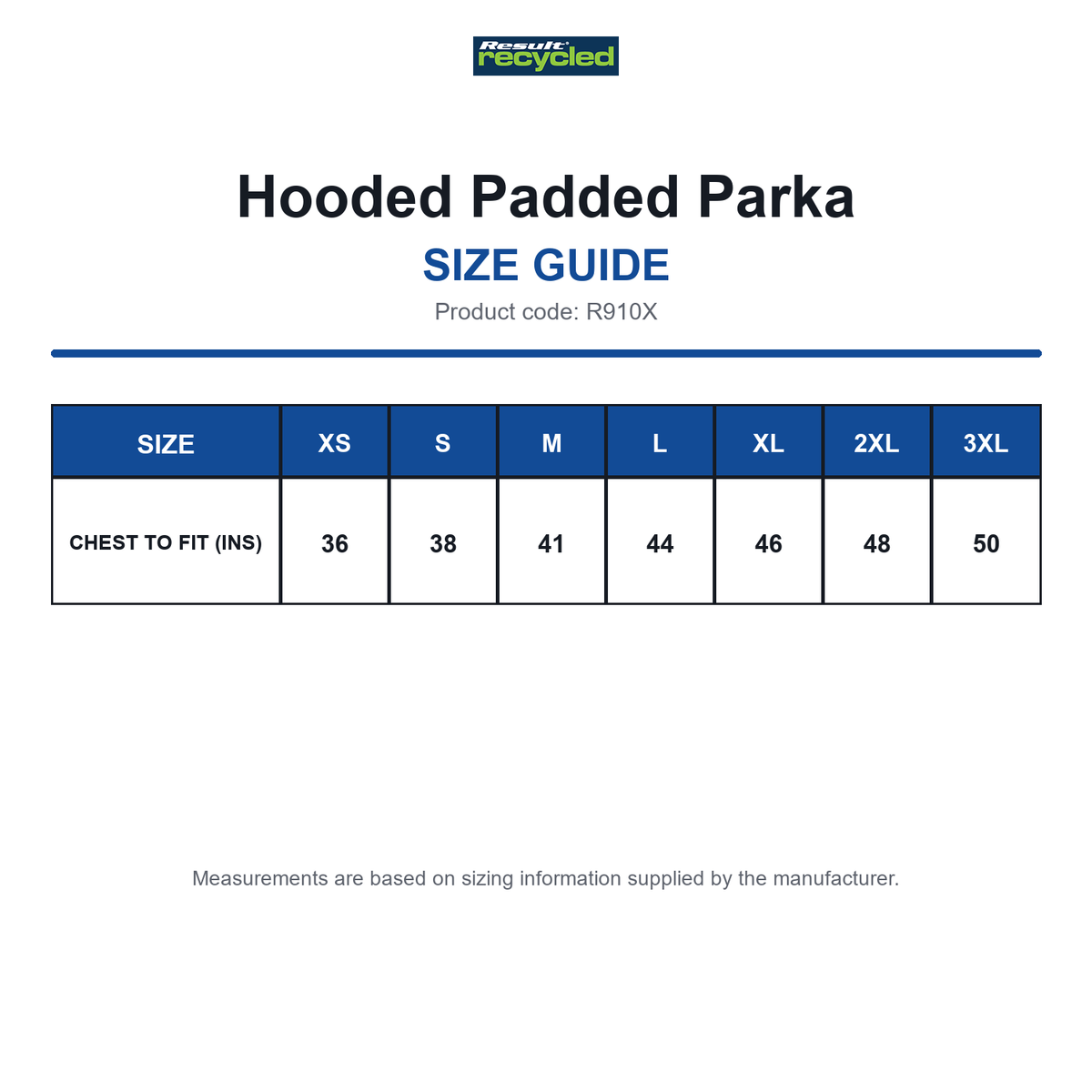 R910X Result Recycled Hooded Padded Parka size guide (R910X)