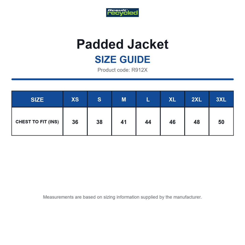 R912X Result Recycled Padded Jacket size guide (R912X)