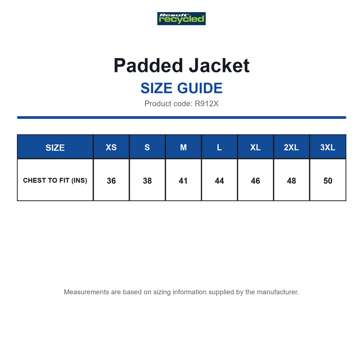 R912X Result Recycled Padded Jacket size guide (R912X)