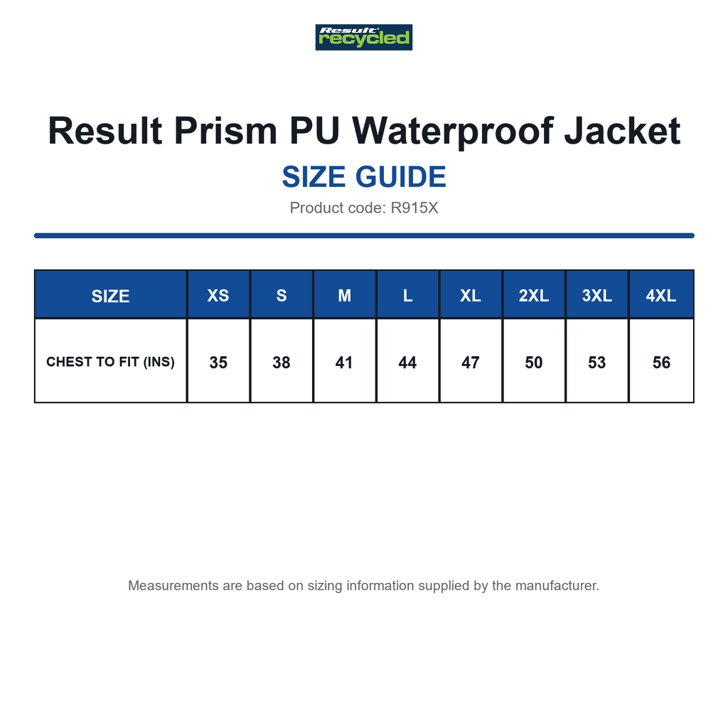 R915X Result Prism PU Waterproof Jacket size guide (R915X)