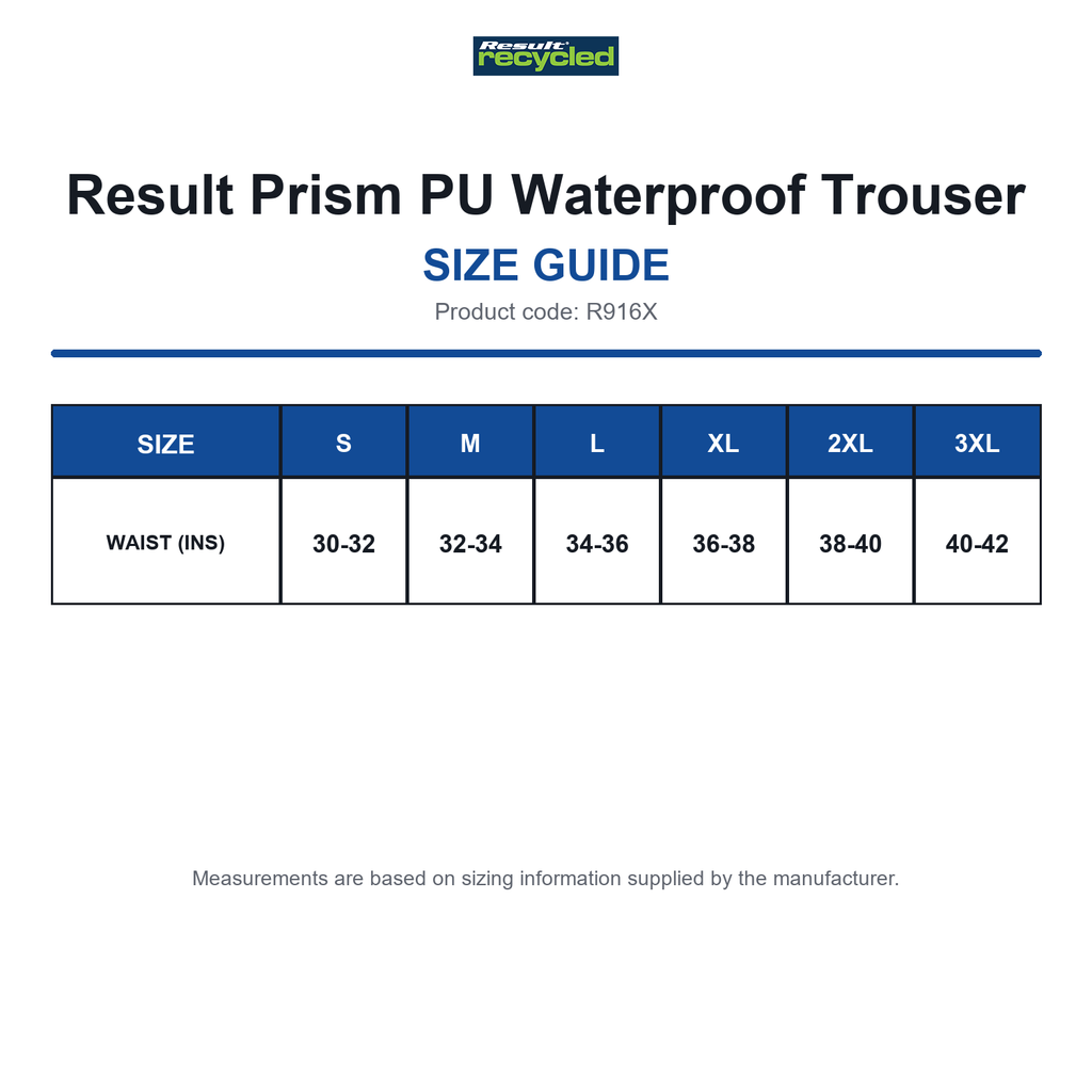R916X Result Prism PU Waterproof Trouser size guide (R916X)