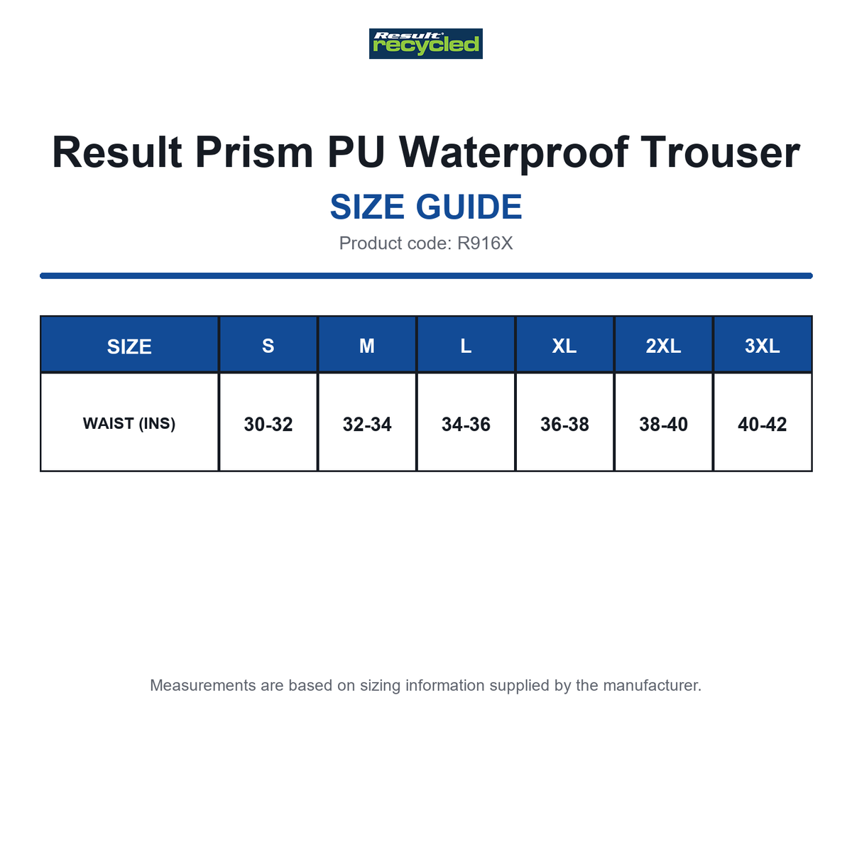 R916X Result Prism PU Waterproof Trouser size guide (R916X)