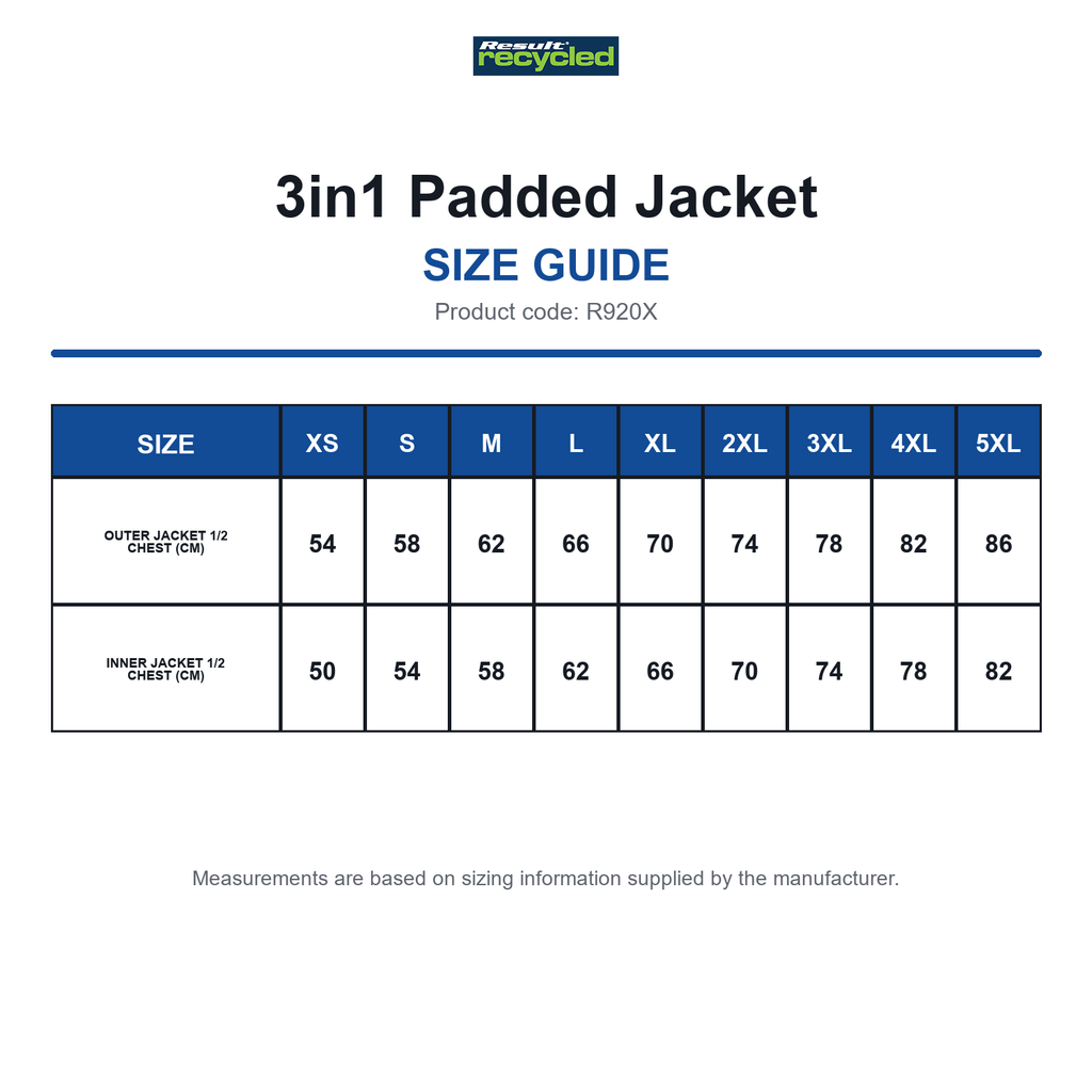 R920X Result Recycled 3in1 Padded Jacket size guide (R920X)