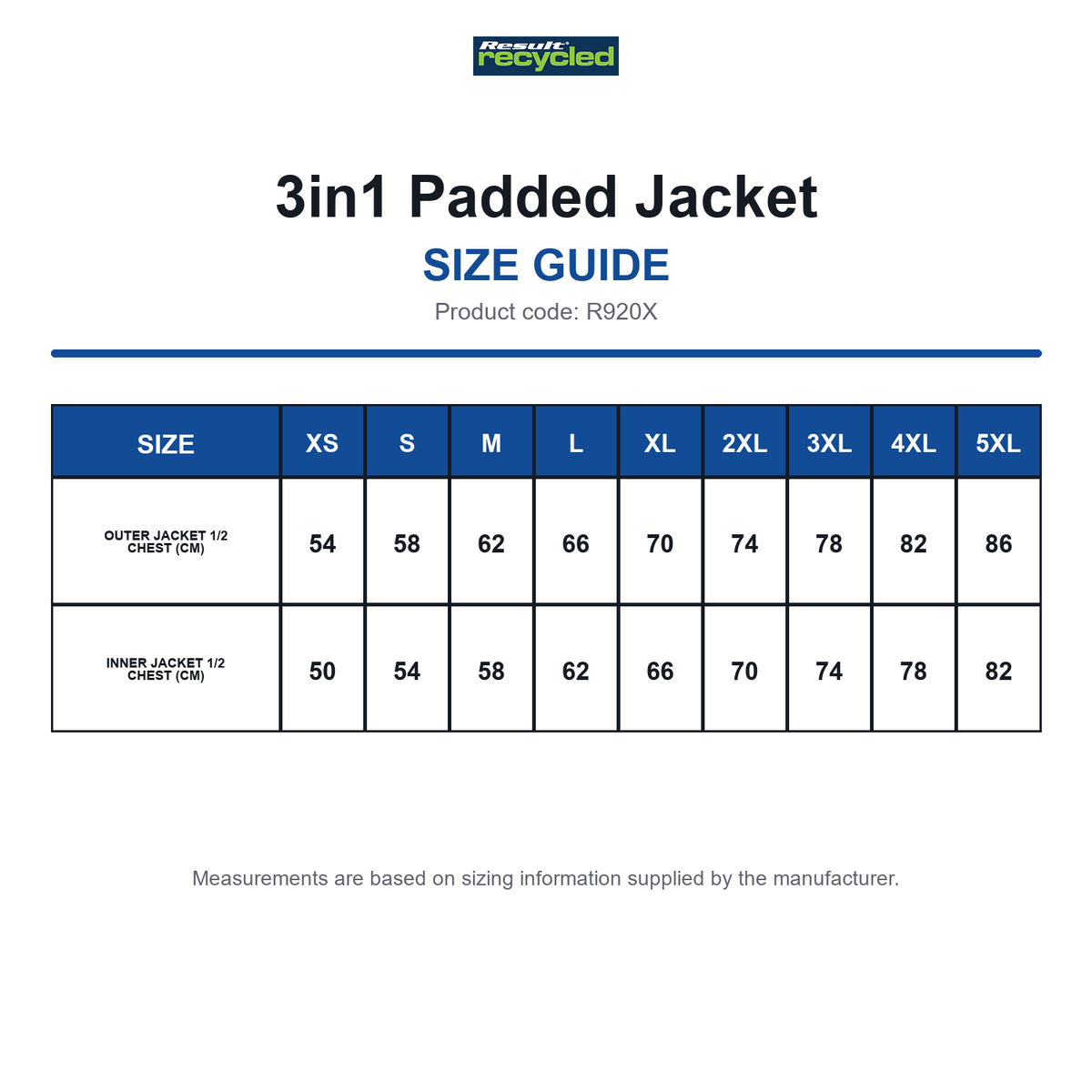 R920X Result Recycled 3in1 Padded Jacket size guide (R920X)