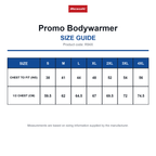 R94X Result Promo Bodywarmer size guide (R94X)