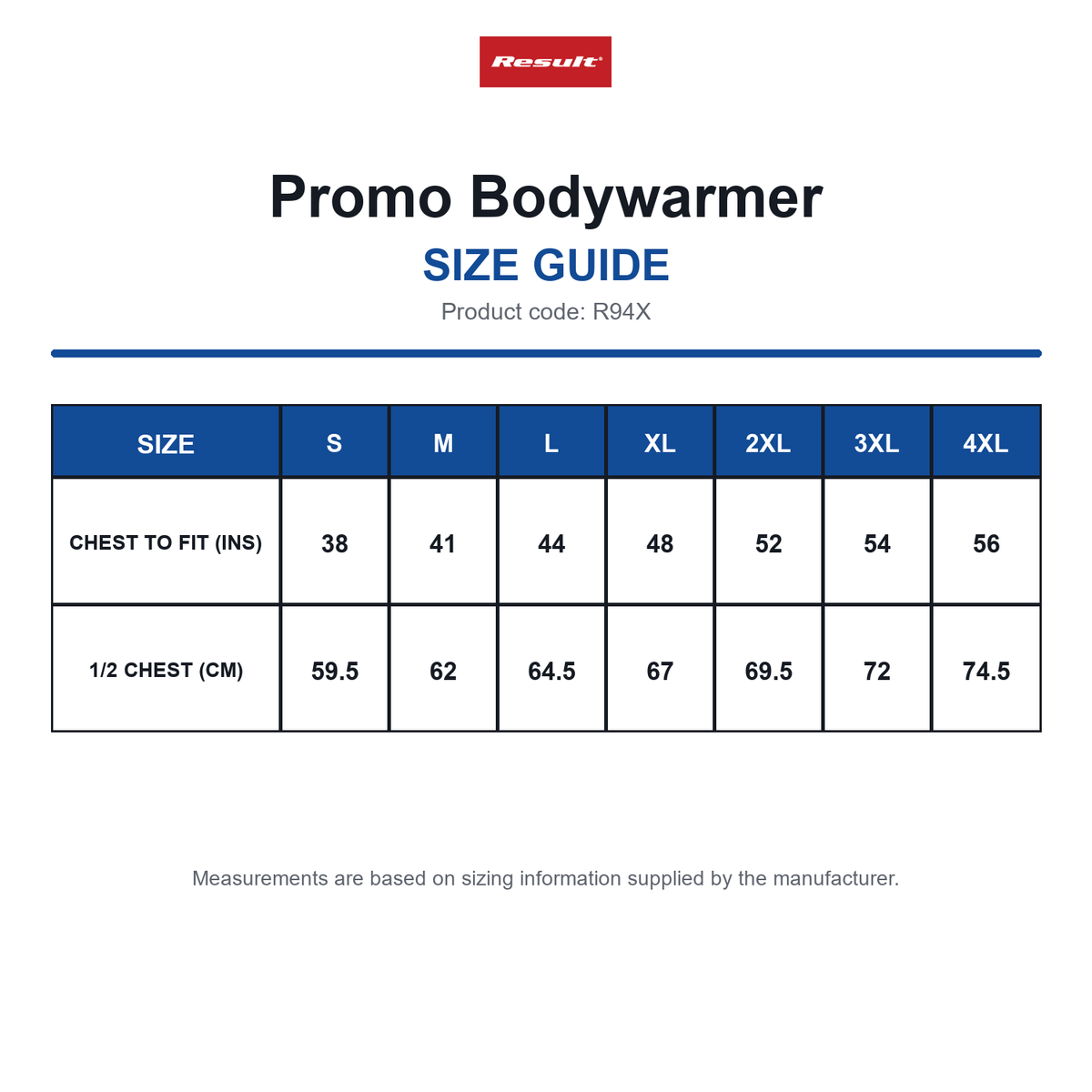 R94X Result Promo Bodywarmer size guide (R94X)