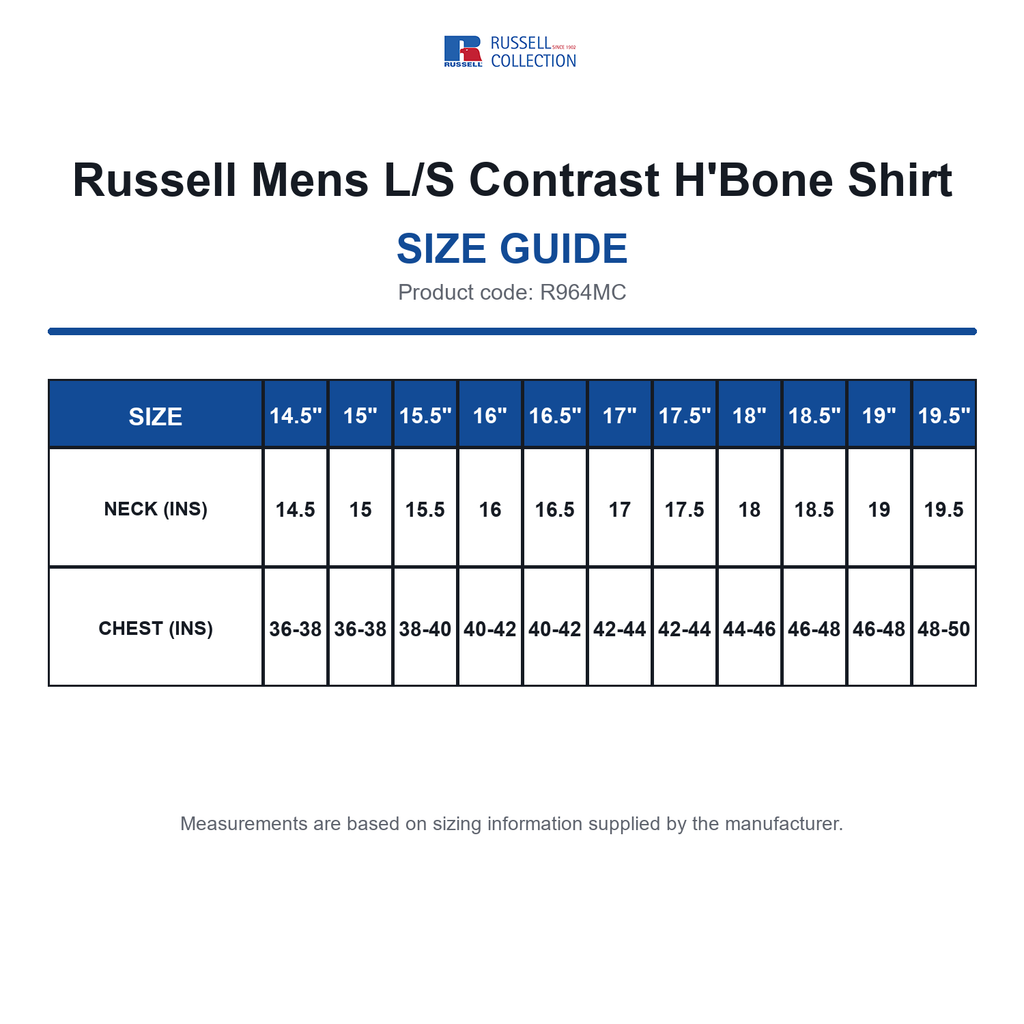 R964MC Russell Mens L/S Contrast H'Bone Shirt size guide (R964MC)