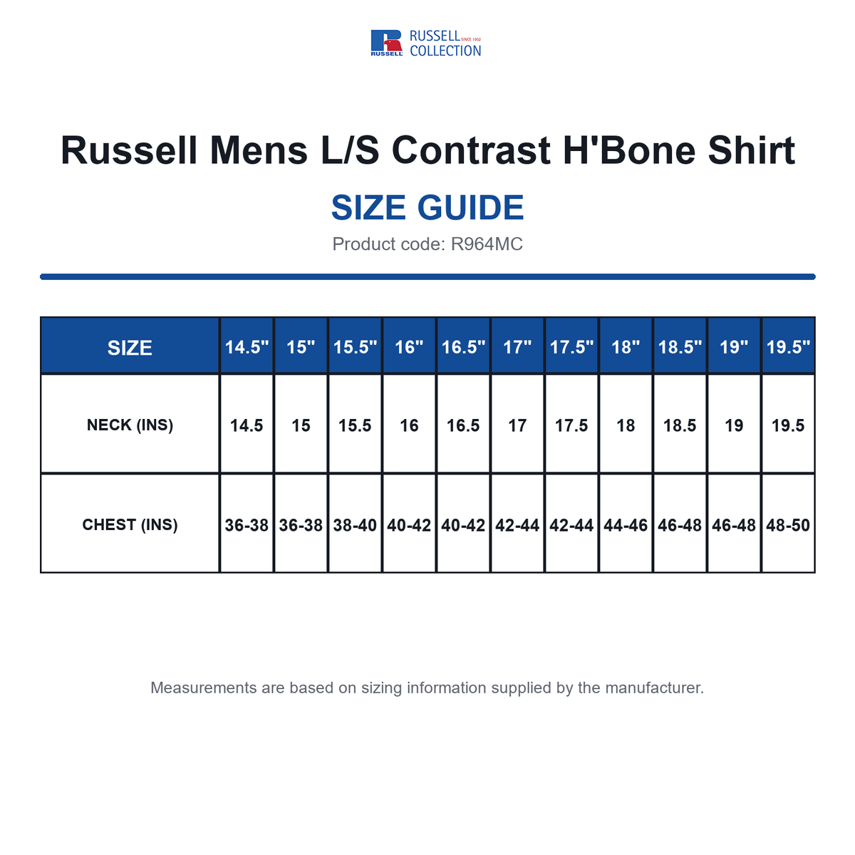 R964MC Russell Mens L/S Contrast H'Bone Shirt size guide (R964MC)