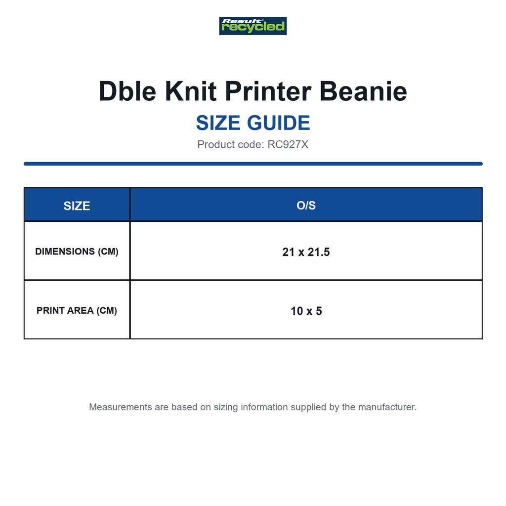 RC927X Result Recycled Dble Knit Printer Beanie size guide (RC927X)