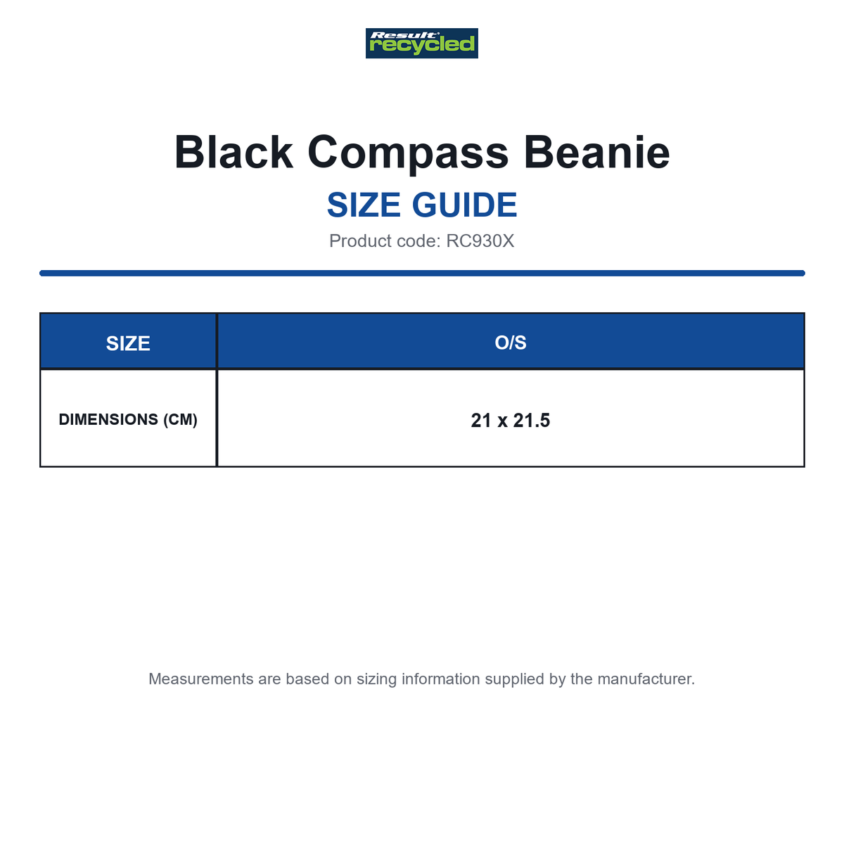 RC930X Result Recycled Black Compass Beanie size guide (RC930X)