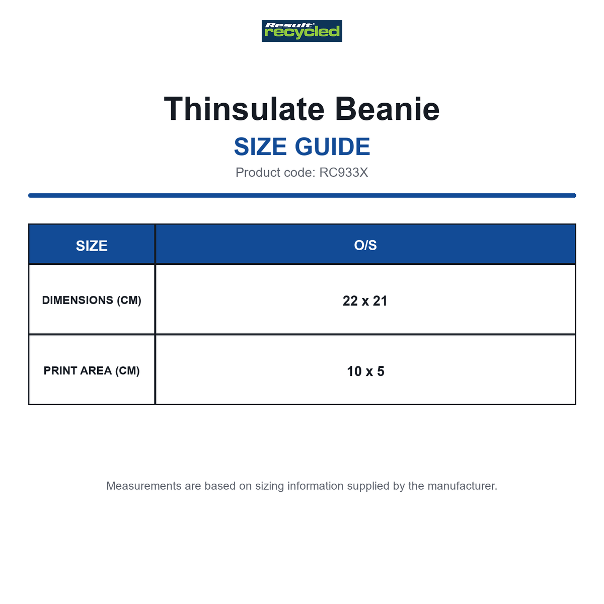 RC933X Result Recycled Thinsulate Beanie size guide (RC933X)