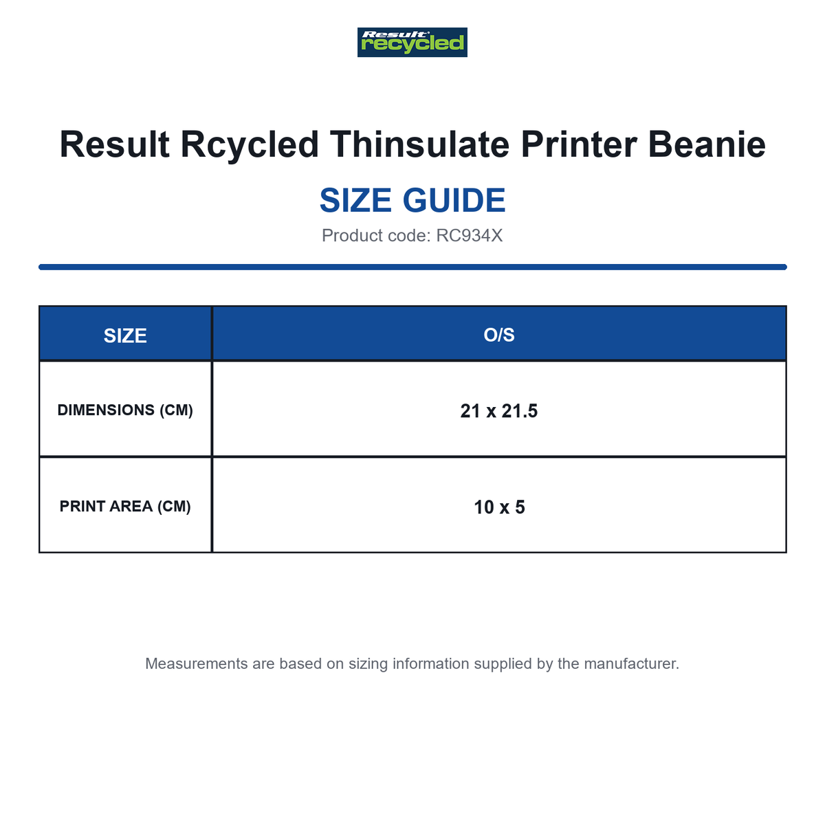 RC934X Result Rcycled Thinsulate Printer Beanie size guide (RC934X)