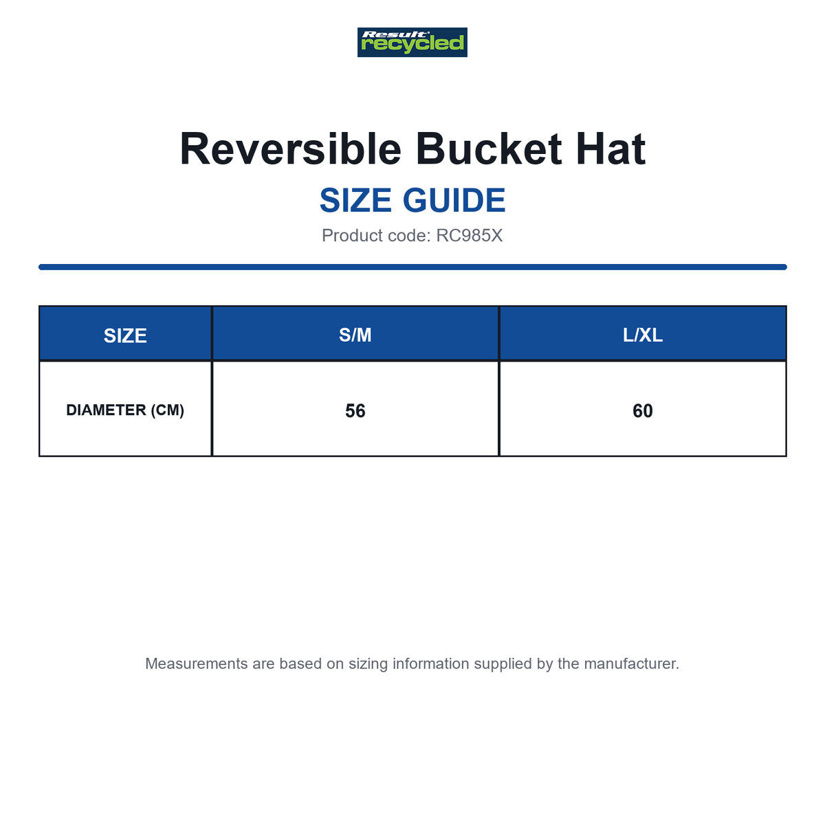 RC985X Result Recycled Reversible Bucket Hat size guide (RC985X)