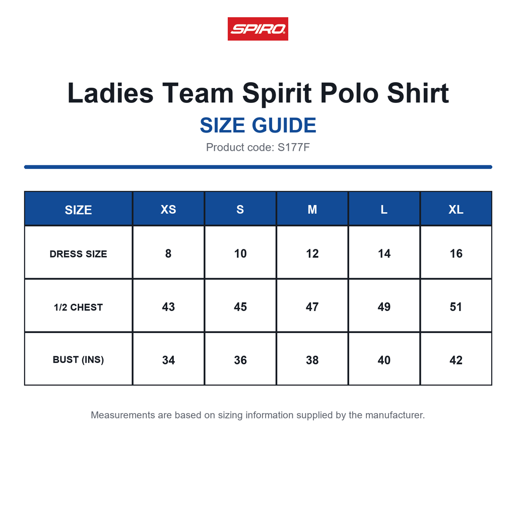 S177F Spiro Ladies Team Spirit Polo Shirt size guide (S177F)
