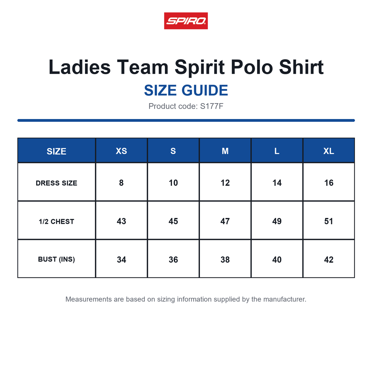 S177F Spiro Ladies Team Spirit Polo Shirt size guide (S177F)