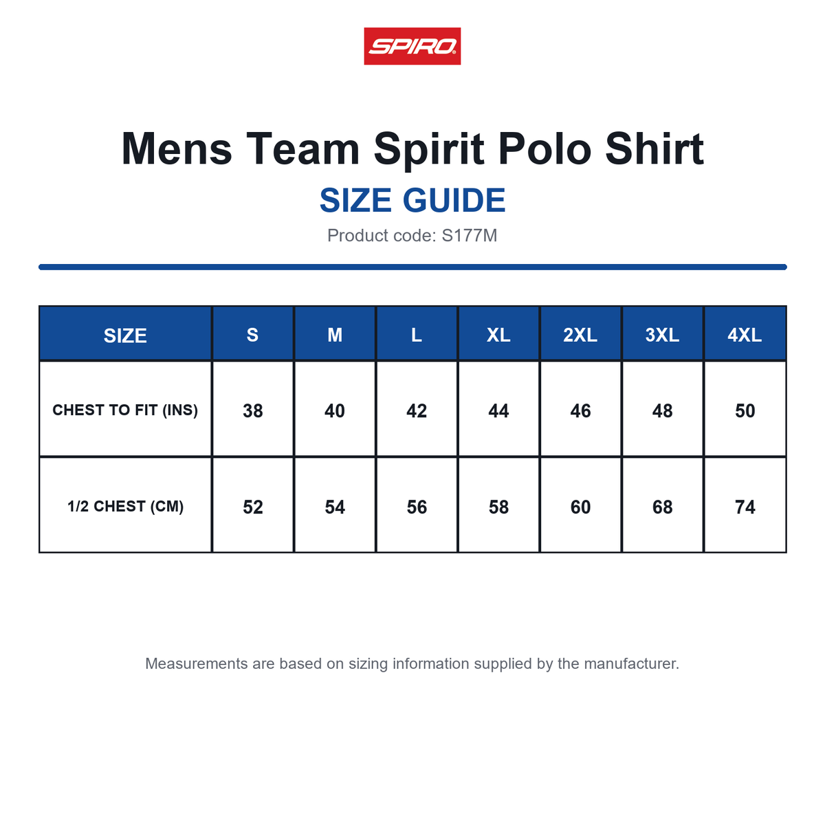 S177M Spiro Mens Team Spirit Polo Shirt size guide (S177M)