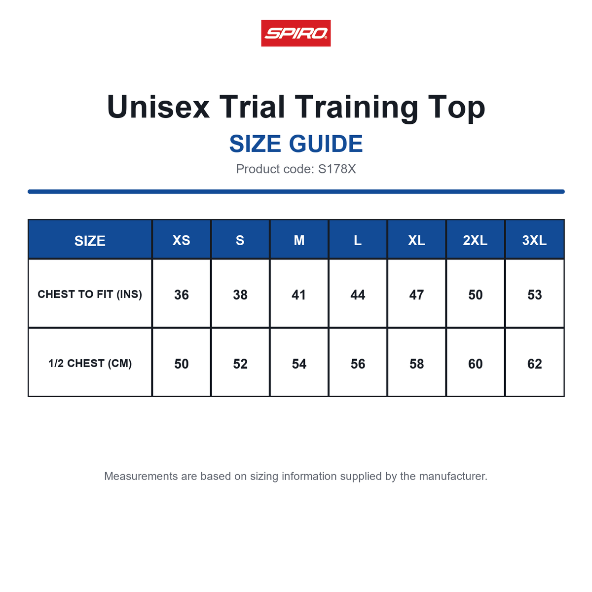 S178X Spiro Unisex Trial Training Top size guide (S178X)