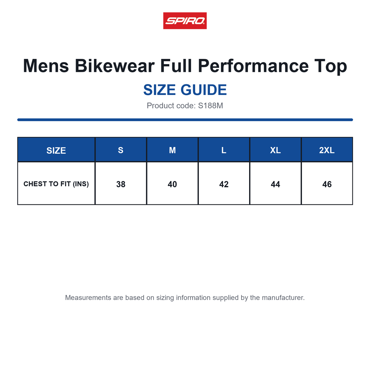 S188M Spiro Mens Bikewear Full Performance Top size guide (S188M)