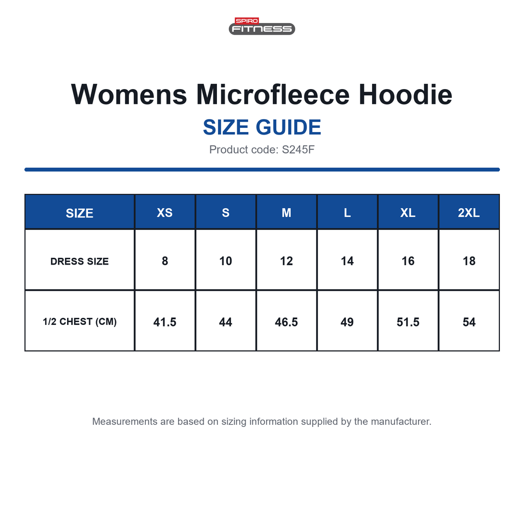 S245F Spiro Fitness Womens Microfleece Hoodie size guide (S245F)