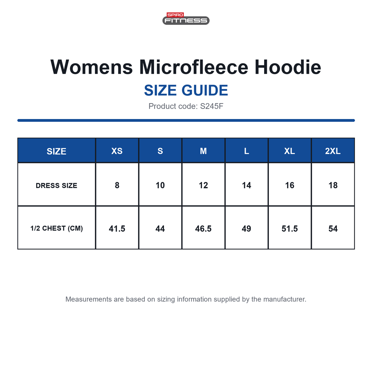 S245F Spiro Fitness Womens Microfleece Hoodie size guide (S245F)