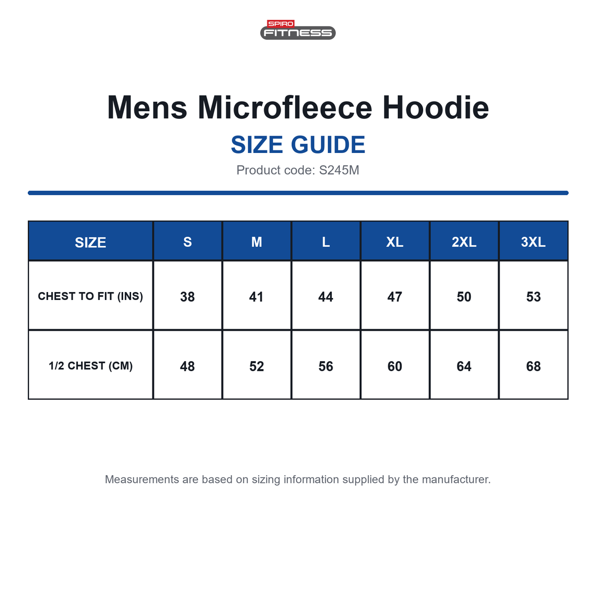 S245M Spiro Fitness Mens Microfleece Hoodie size guide (S245M)