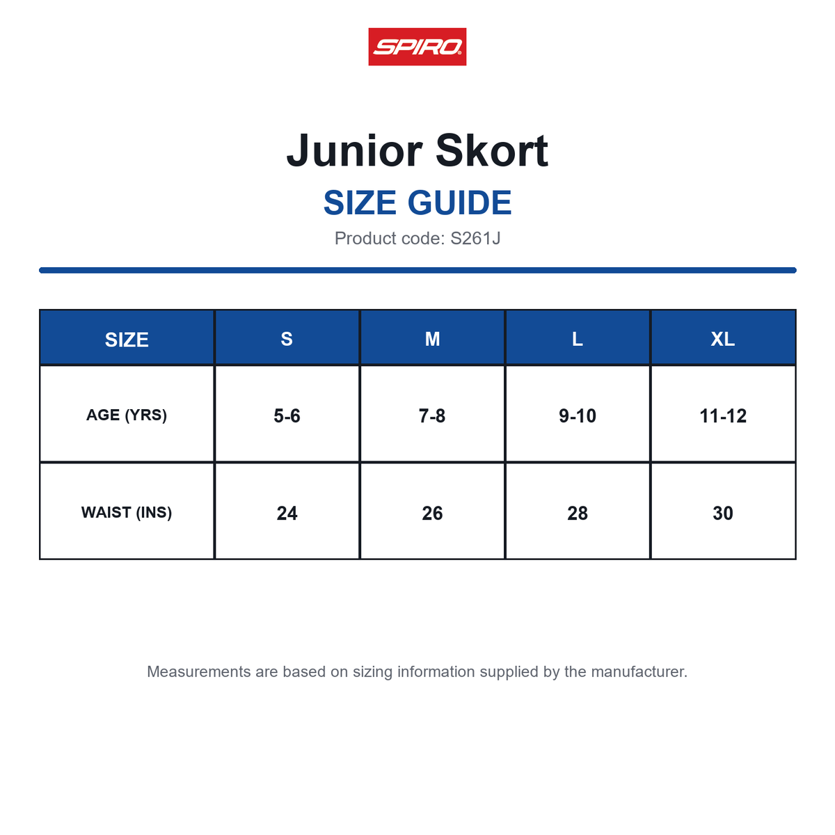 S261J Spiro Junior Skort size guide (S261J)