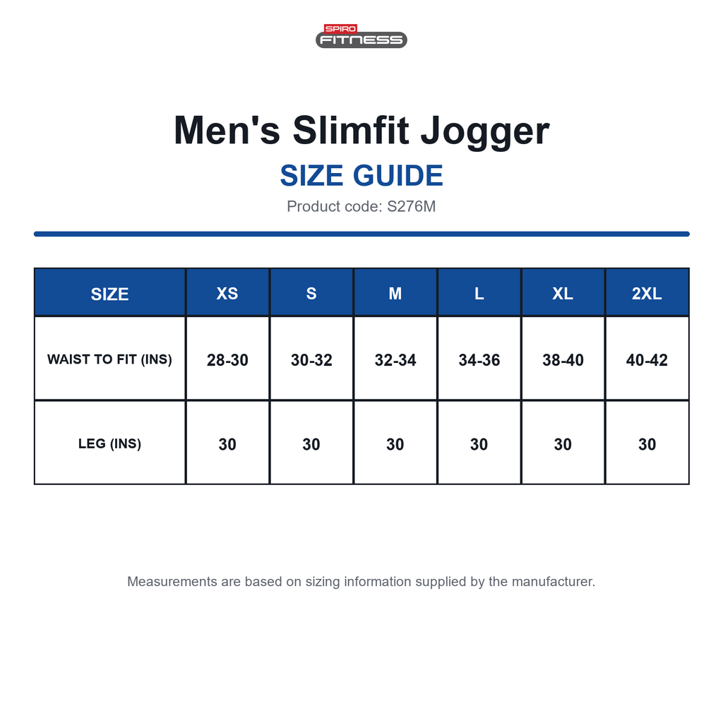S276M Spiro Fitness Men's Slimfit Jogger size guide (S276M)