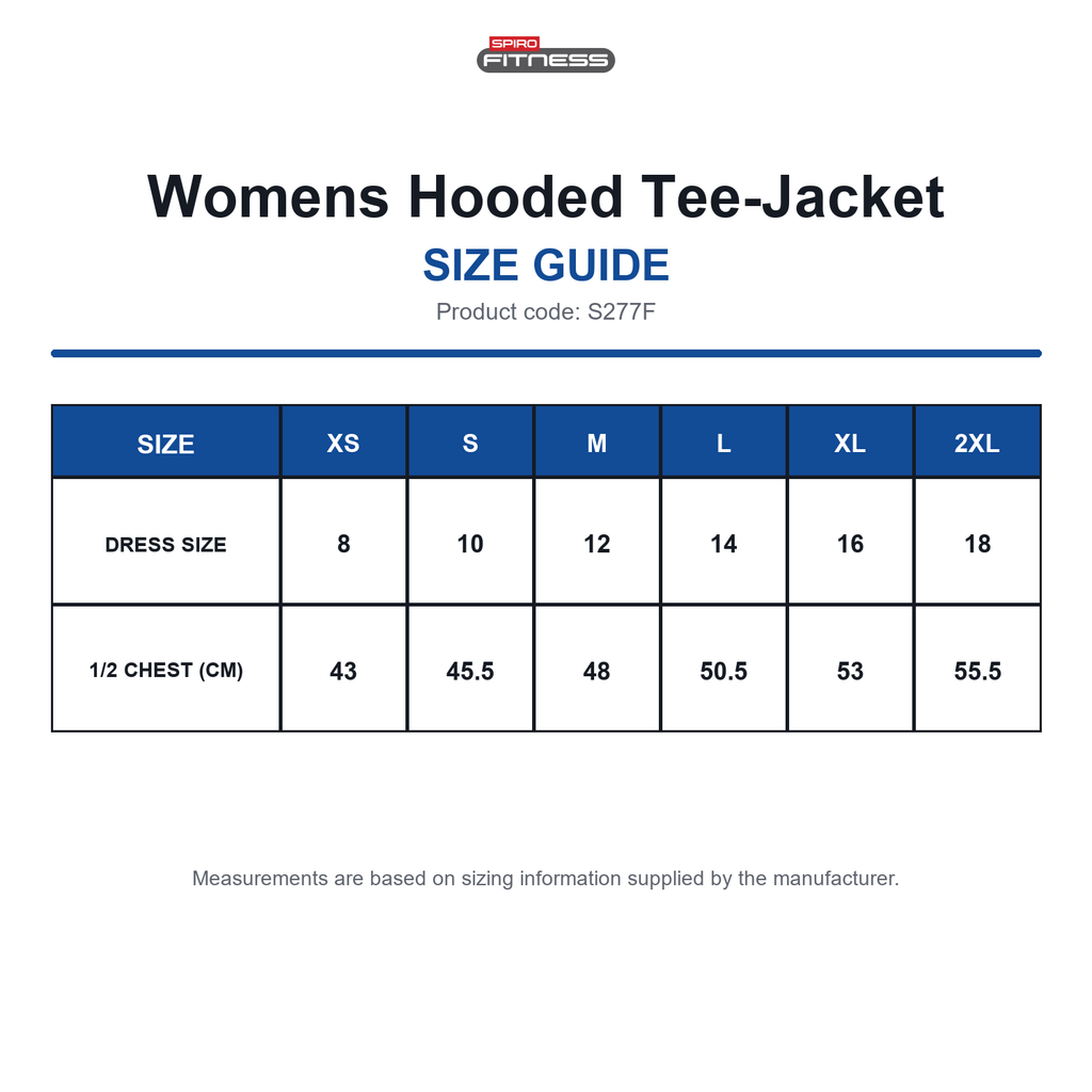 S277F Spiro Fitness Womens Hooded Tee-Jacket size guide (S277F)