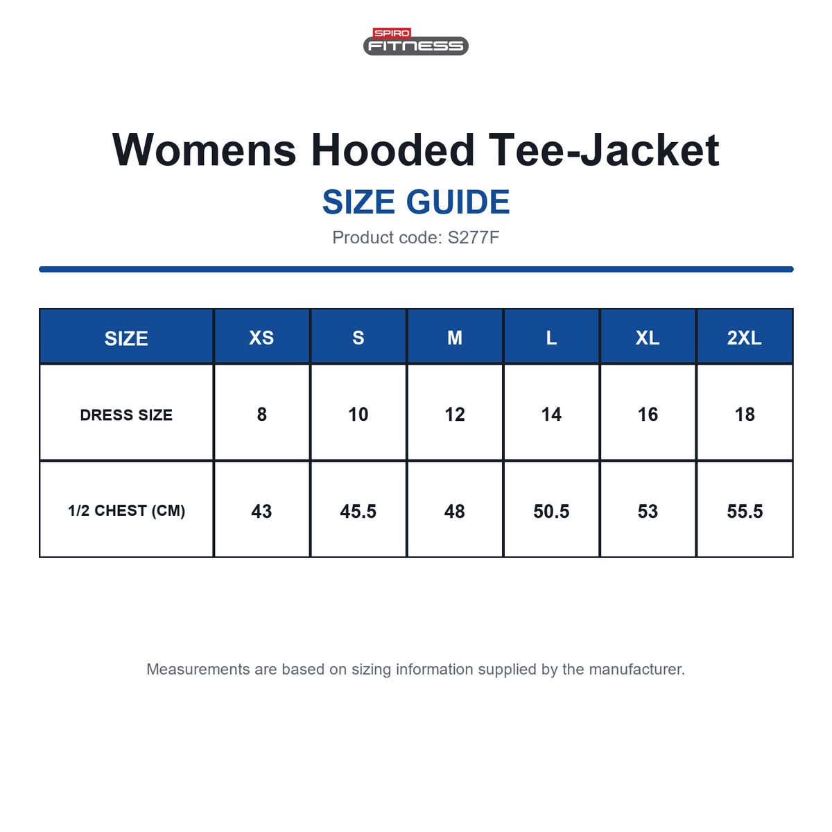 S277F Spiro Fitness Womens Hooded Tee-Jacket size guide (S277F)