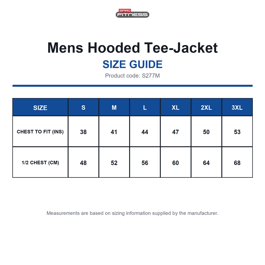 S277M Spiro Fitness Mens Hooded Tee-Jacket size guide (S277M)