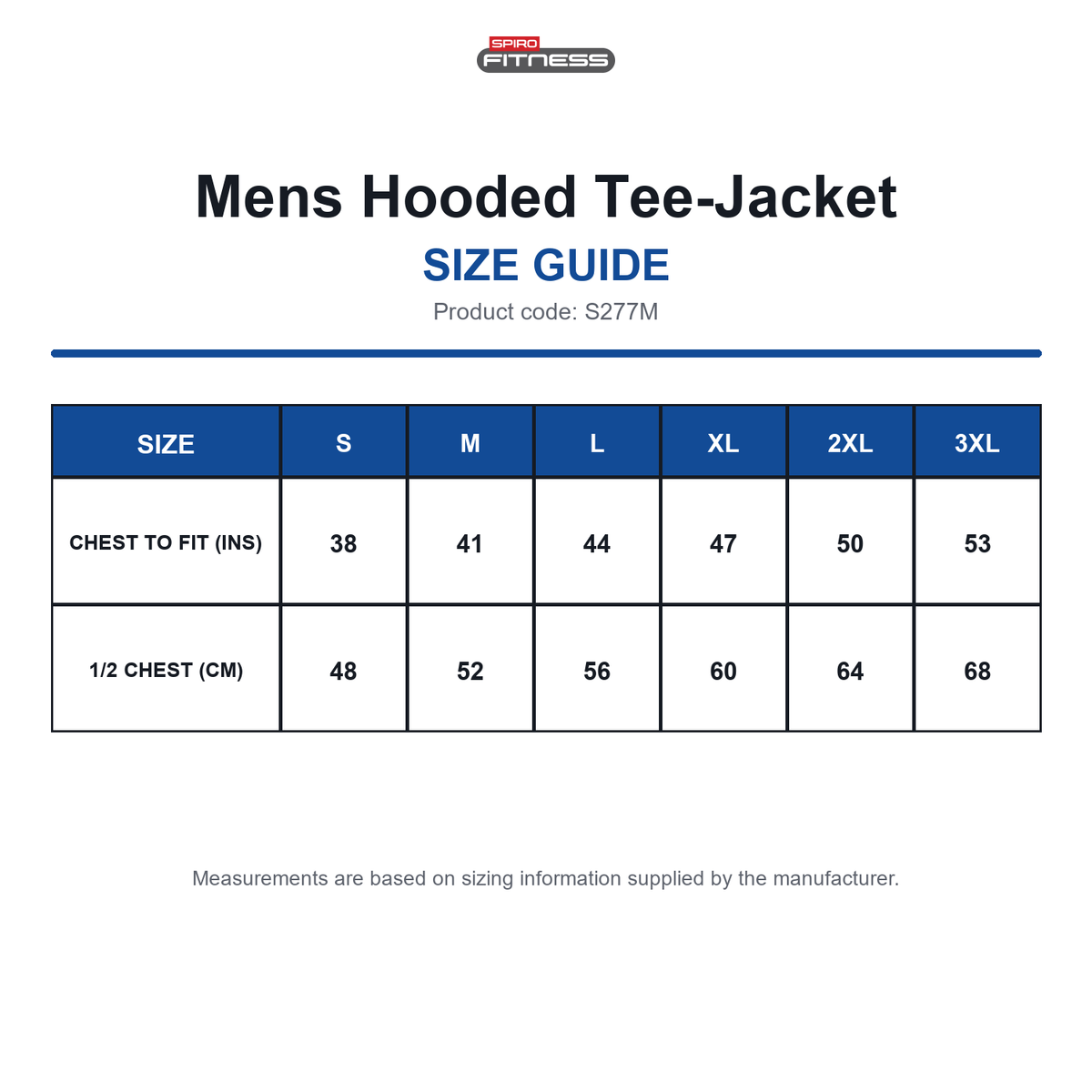S277M Spiro Fitness Mens Hooded Tee-Jacket size guide (S277M)