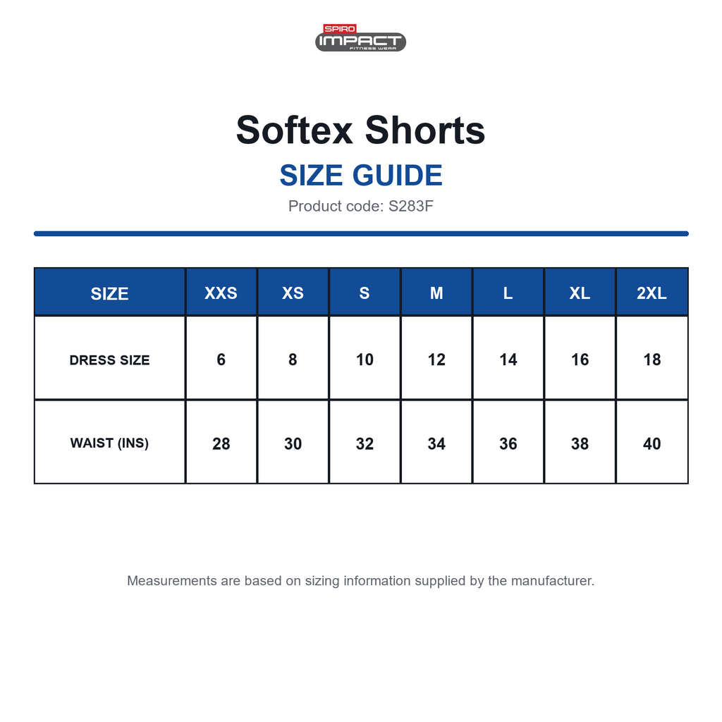 S283F Spiro Impact Softex Shorts size guide (S283F)