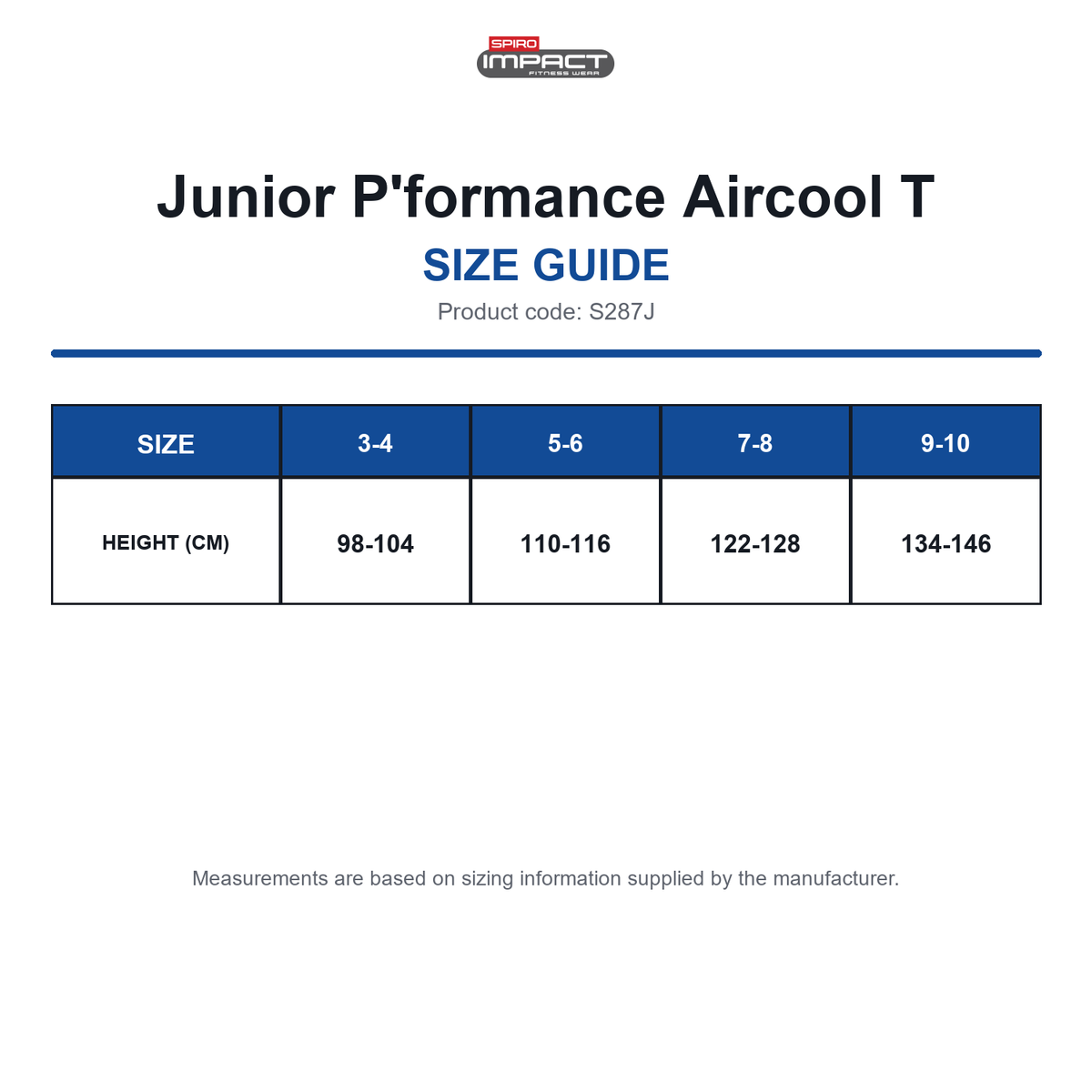 S287J Spiro Impact Junior P'formance Aircool T size guide (S287J)