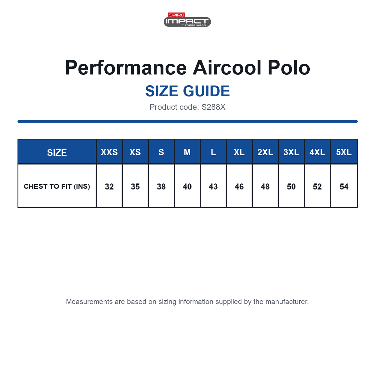 S288X Spiro Impact Performance Aircool Polo size guide (S288X)