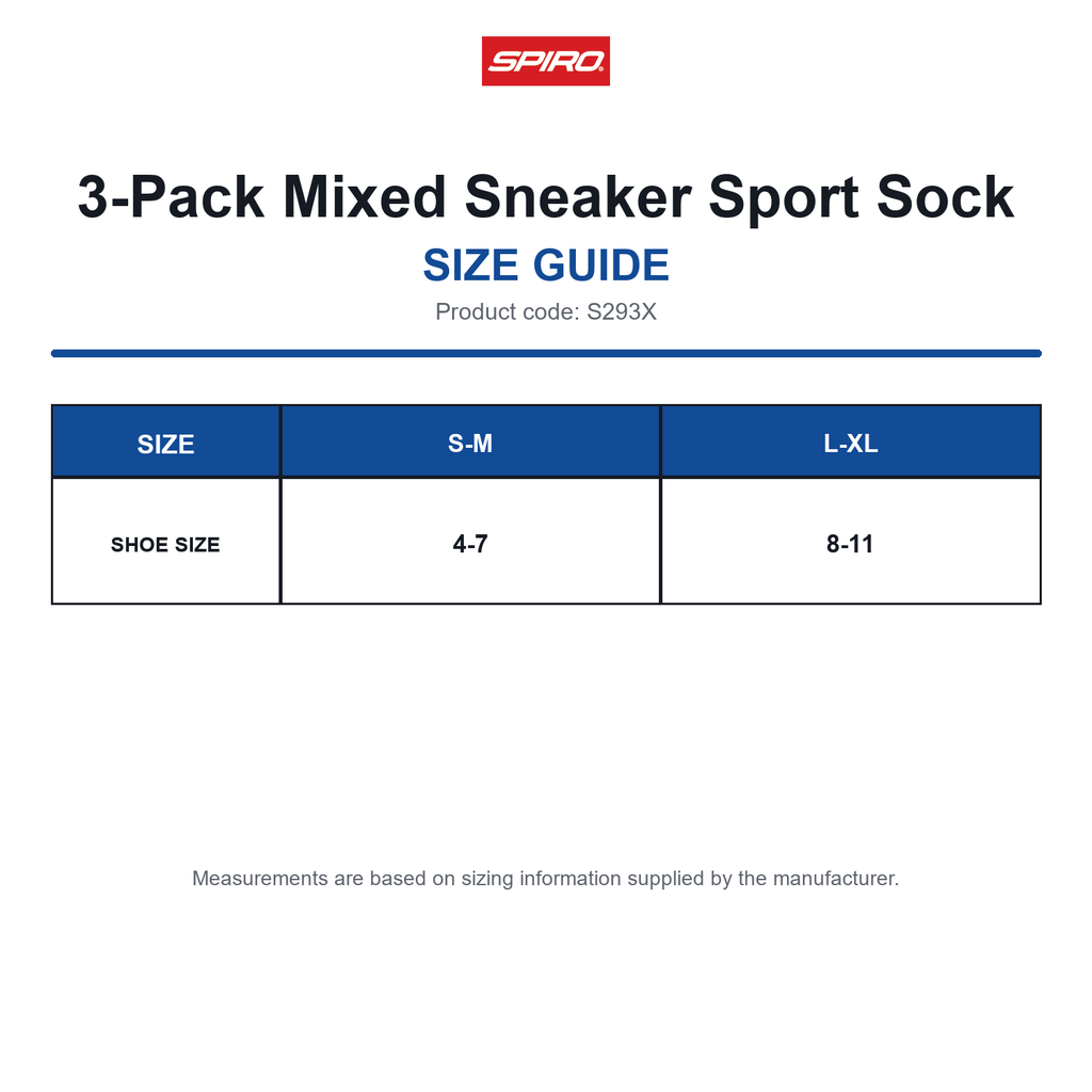 S293X Spiro 3-Pack Mixed Sneaker Sport Sock size guide (S293X)