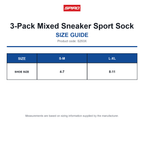 S293X Spiro 3-Pack Mixed Sneaker Sport Sock size guide (S293X)