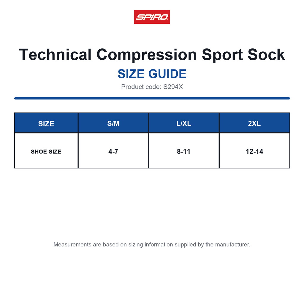 S294X Spiro Technical Compression Sport Sock size guide (S294X)