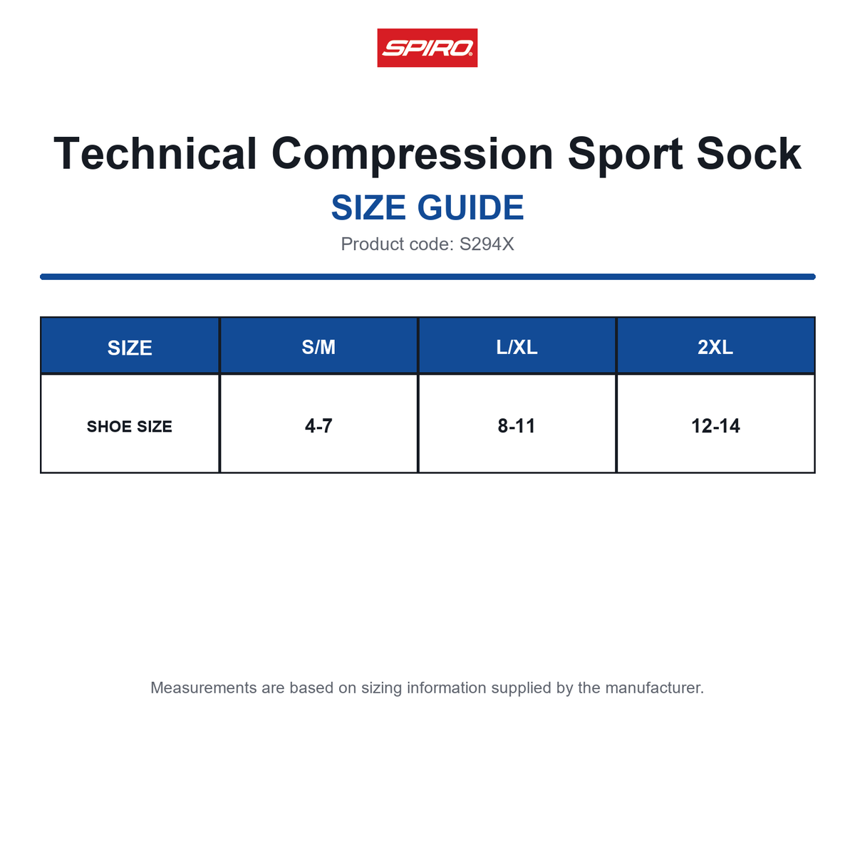 S294X Spiro Technical Compression Sport Sock size guide (S294X)