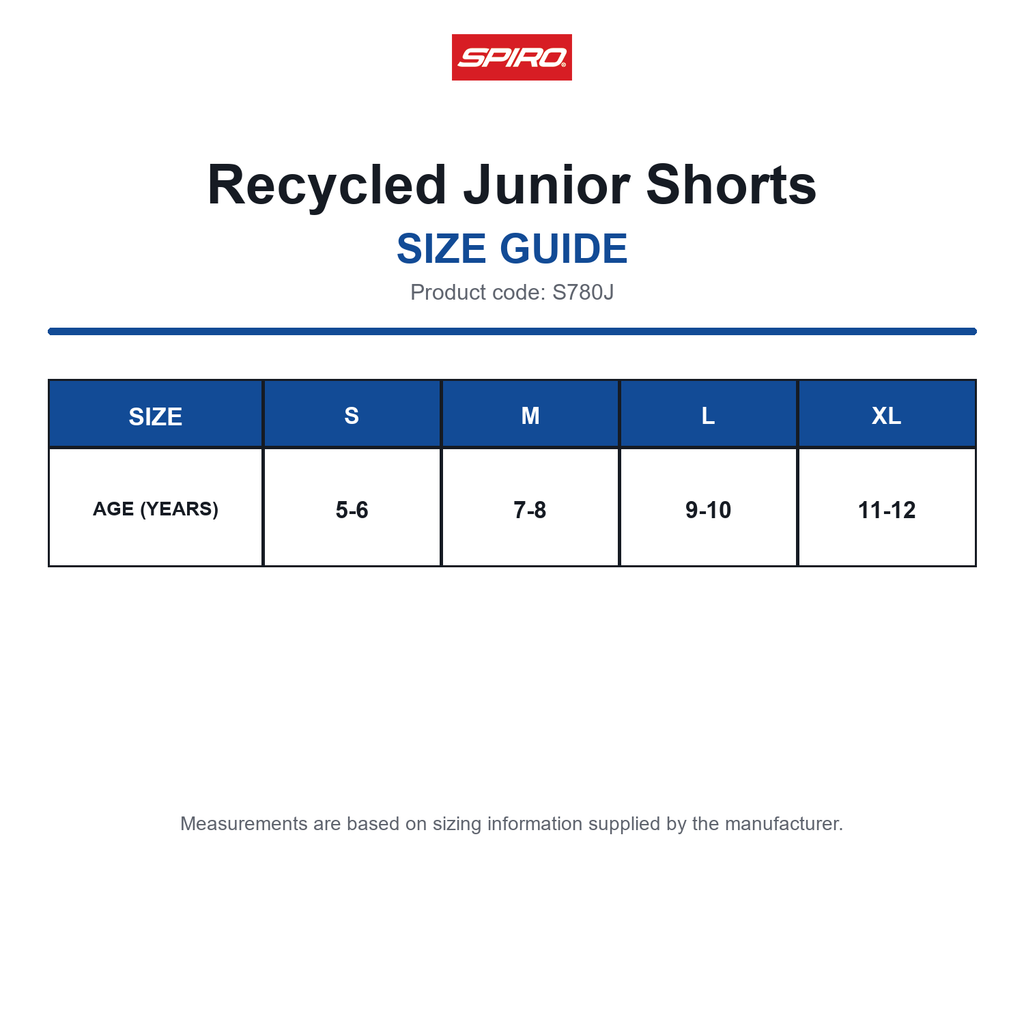 S780J Spiro Recycled Junior Shorts size guide (S780J)