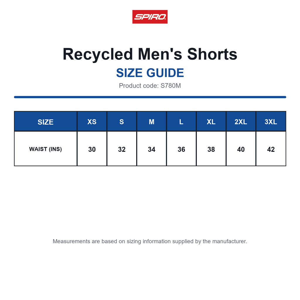 S780M Spiro Recycled Men's Shorts size guide (S780M)