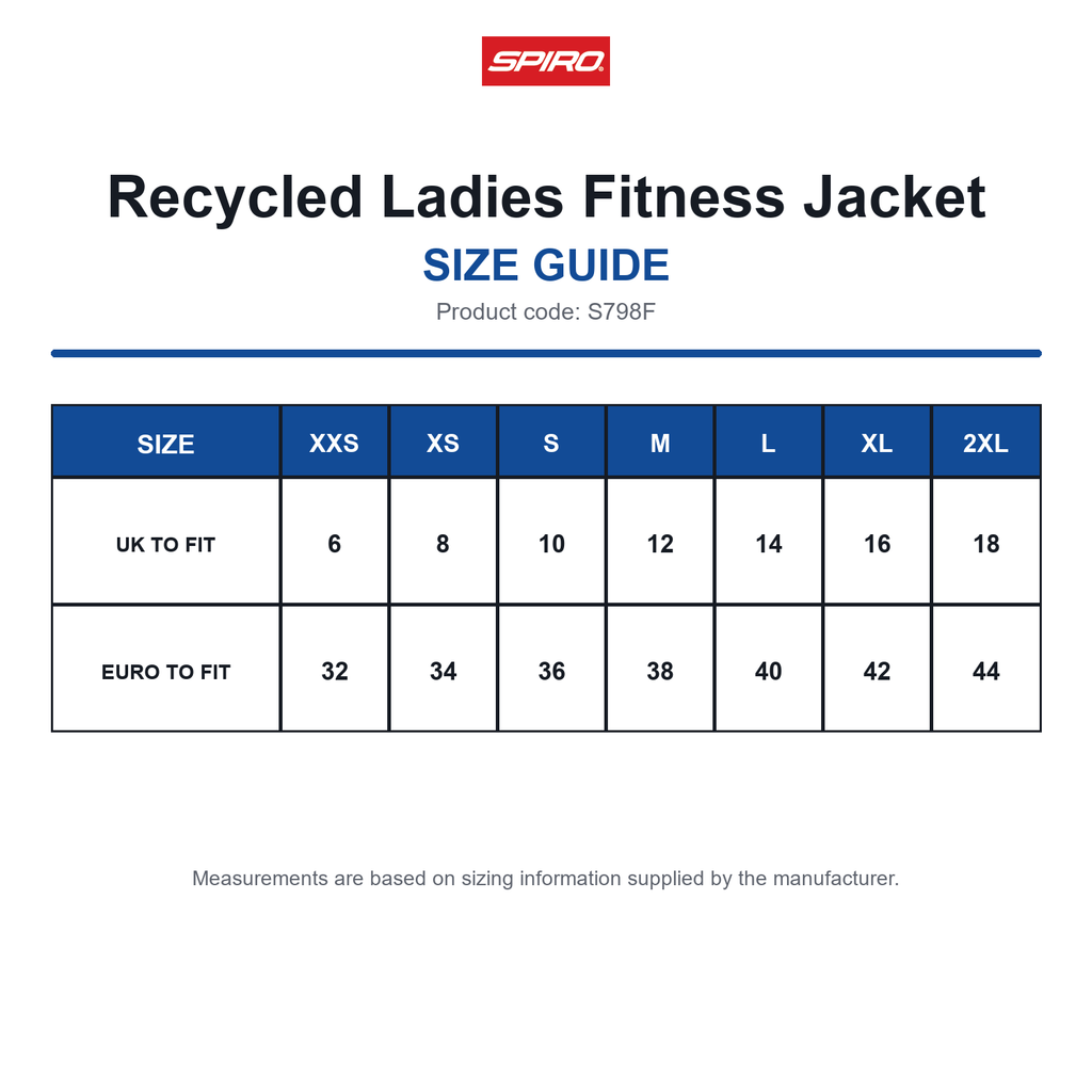 S798F Spiro Recycled Ladies Fitness Jacket size guide (S798F)
