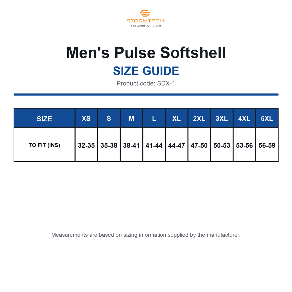 SDX-1 Stormtech Men's Pulse Softshell size guide (SDX-1)